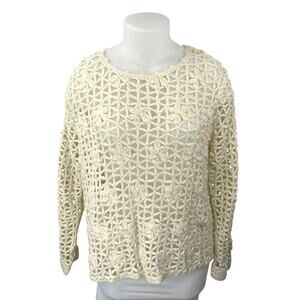 Hippie Laundry Cream White Floral Open Knit Crochet Long Sleeve Sweater Top 2X